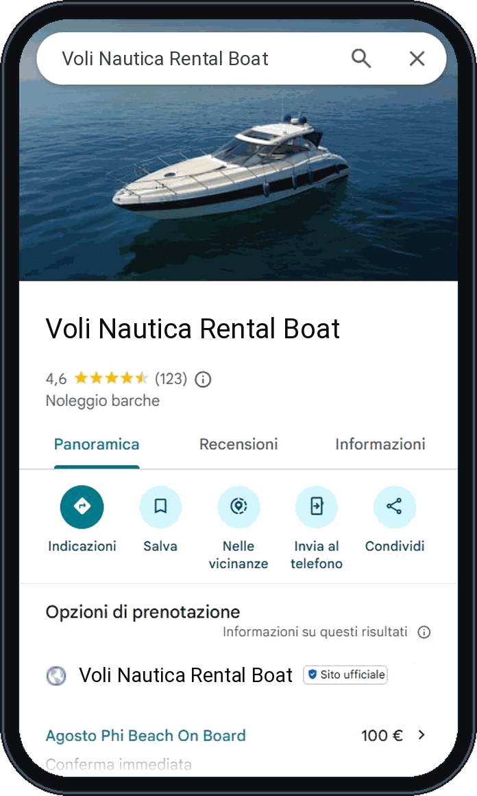 La scheda Google Business di Voli Nautica vista da smartphone